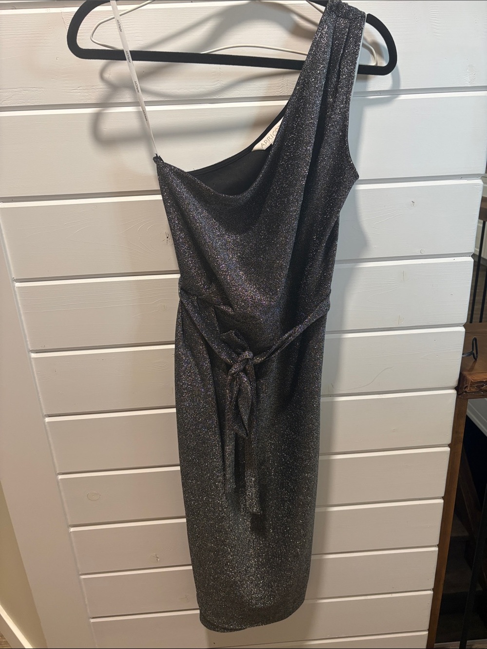 APRICOT Metallic One-Shoulder Black Dress with Tie Waist